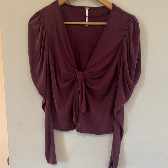 FREE PEOPLE Tie The Knot Top Ribbed Puffed Long Sleeves Wine Size||XS - Picture 2 of 6